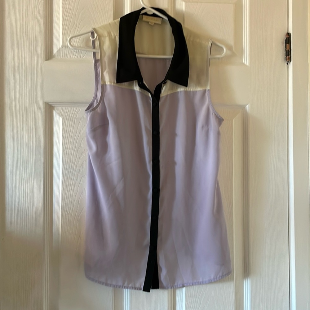 ModCloth sheer sleeveless blouse purple cream black  color block